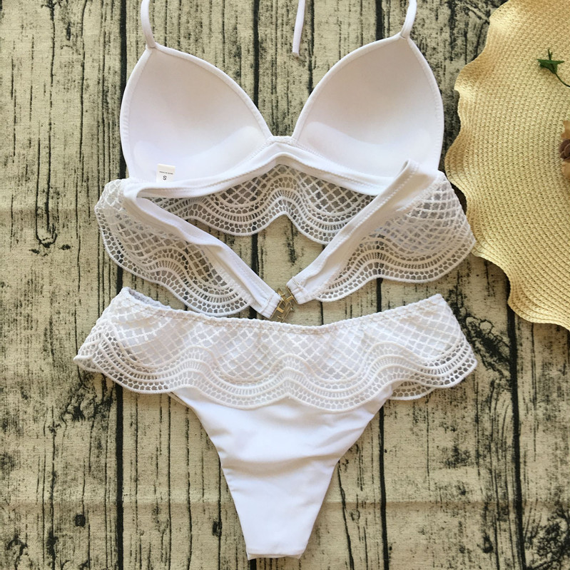 F4665-1Sexy Spaghetti Strap Sleeveless Solid Color Lace Swimwear